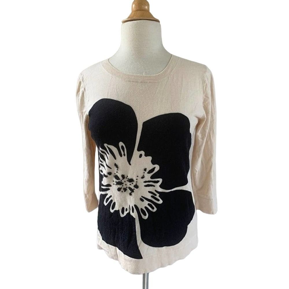 J.Crew 3/4 Sleeve Crewneck Sweater w/ Black/Cream Beaded Flower SZ Medium